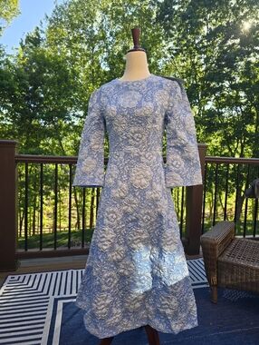 Fehaute Blue Floral Jacquard Classic Crew Neck Three Quarter Sleeve A-line Dress